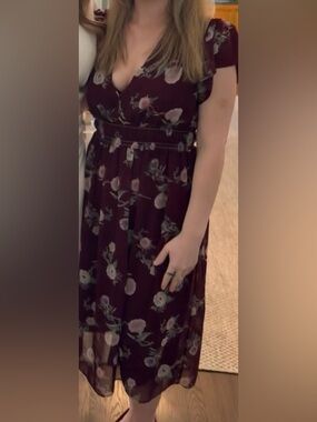 Max Studio Prudence Floral V-Neck Burgundy Midi Dress with Smocked Waist